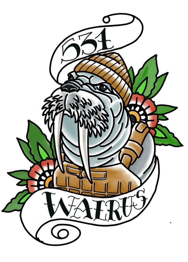 Illustrated 5/3/1 WALRUS training mascot wearing a weight vest