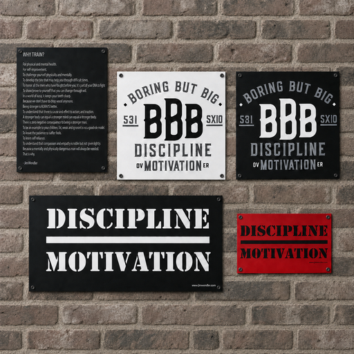 To-scale comparison of Jim Wendler wall signs displayed together on a brick wall.