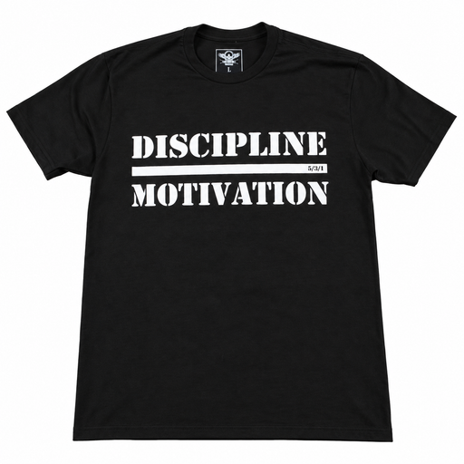 Black Discipline Over Motivation shirt with bold white front print.