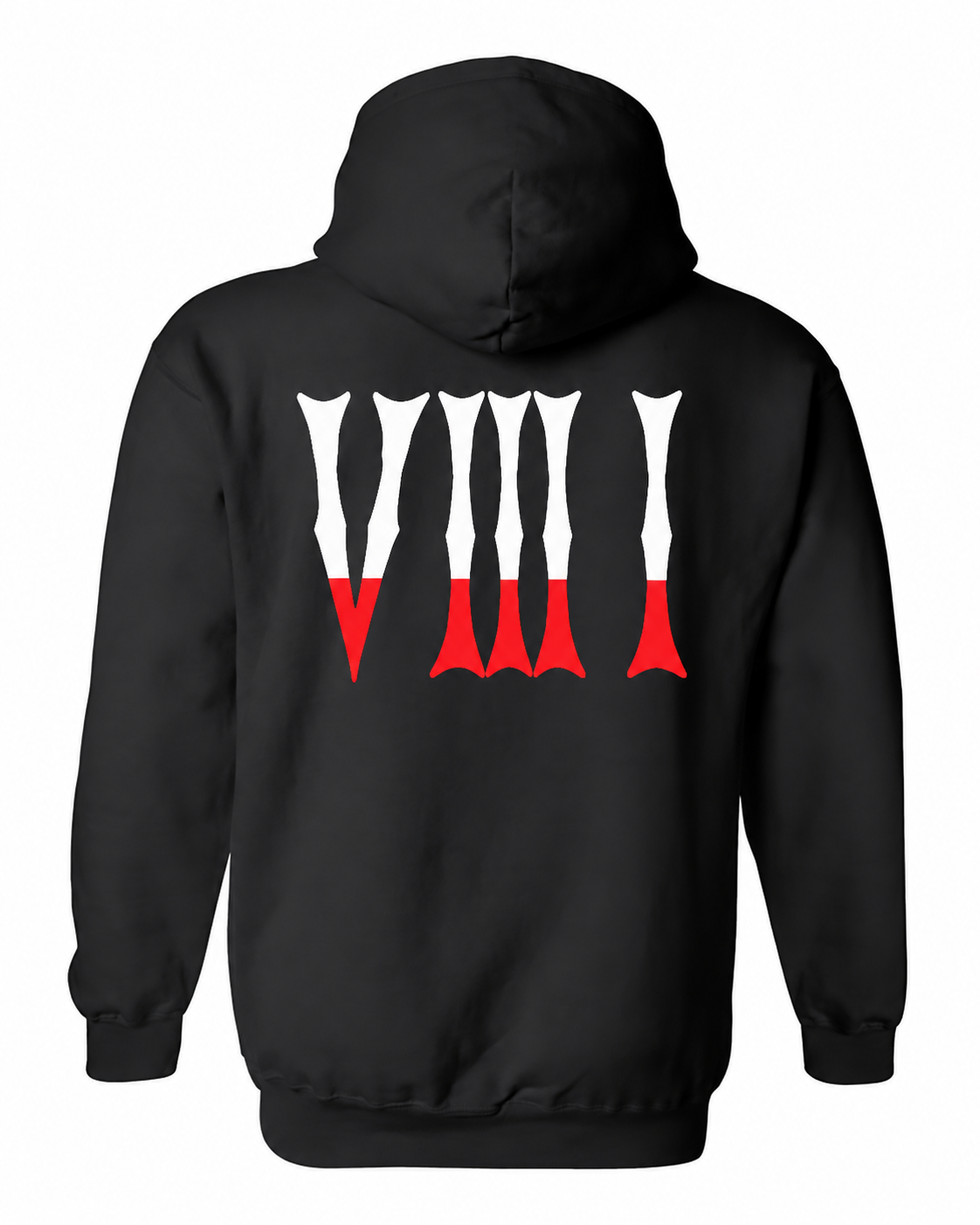 Back of the black 5/3/1 Red-Dipped Roman full-zip hoodie with large gothic V III I numerals in white with red lower tips.