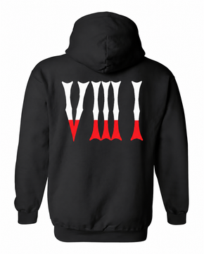 Back of the black 5/3/1 Red-Dipped Roman full-zip hoodie with large gothic V III I numerals in white with red lower tips.