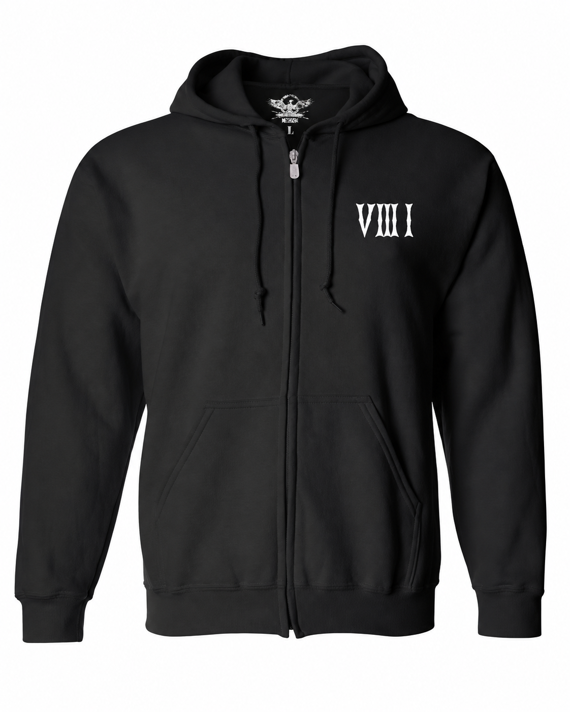 Front of the black 5/3/1 Red-Dipped Roman full-zip hoodie with a small white V III I left-chest print, split pockets and printed neck label.