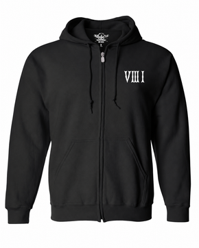 Front of the black 5/3/1 Red-Dipped Roman full-zip hoodie with a small white V III I left-chest print, split pockets and printed neck label.