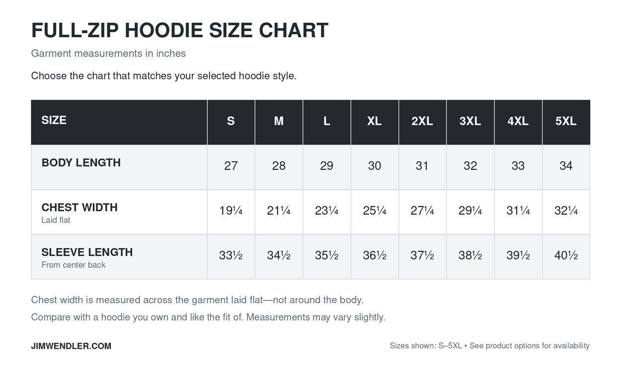 Full-zip hoodie size chart showing body length, chest width laid flat and sleeve length from center back in inches, sizes S–5XL.