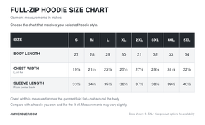 Full-zip hoodie size chart showing body length, chest width laid flat and sleeve length from center back in inches, sizes S–5XL.