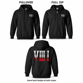Black 5/3/1 Red-Dipped Roman hoodies: pullover and full-zip fronts with small white chest prints, plus the shared white-and-red V III I back design.