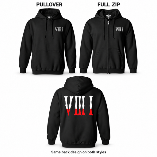 Black 5/3/1 Red-Dipped Roman hoodies: pullover and full-zip fronts with small white chest prints, plus the shared white-and-red V III I back design.