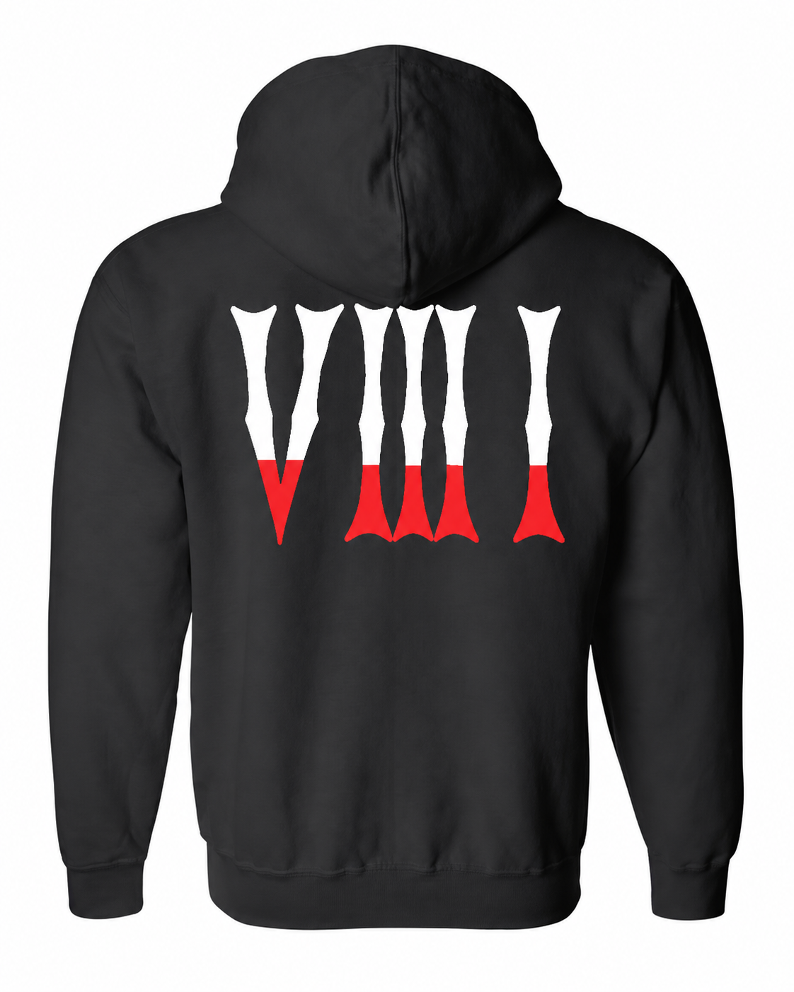 Back of the black 5/3/1 Red-Dipped Roman pullover hoodie featuring large gothic V III I numerals in white with red lower tips.