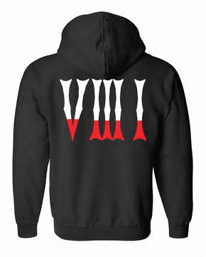 Back of the black 5/3/1 Red-Dipped Roman pullover hoodie featuring large gothic V III I numerals in white with red lower tips.