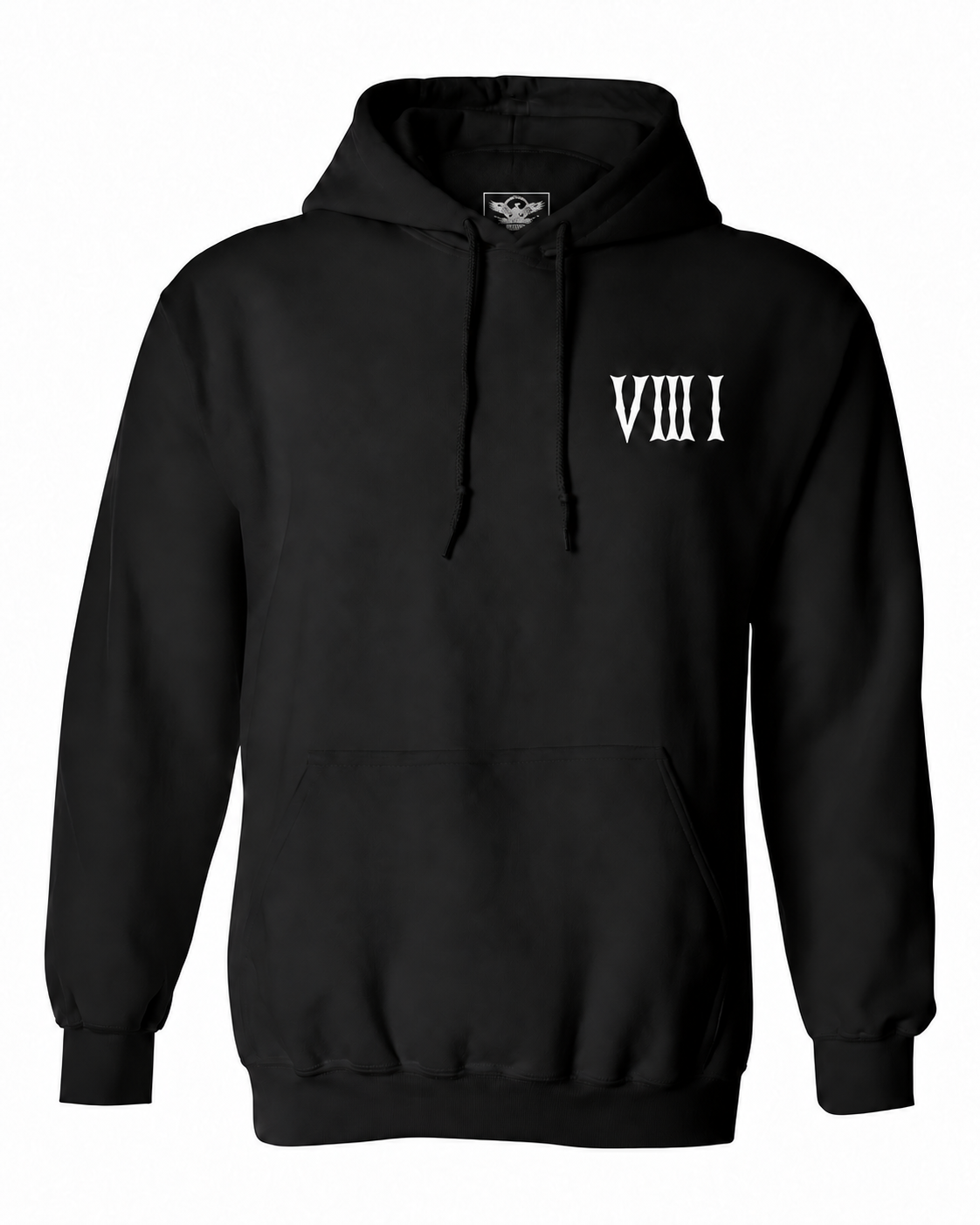 Front of the black 5/3/1 Red-Dipped Roman pullover hoodie with a small white V III I left-chest design, pouch pocket and printed neck label.