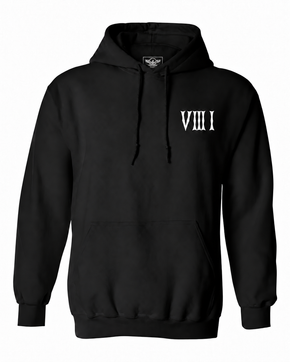 Front of the black 5/3/1 Red-Dipped Roman pullover hoodie with a small white V III I left-chest design, pouch pocket and printed neck label.