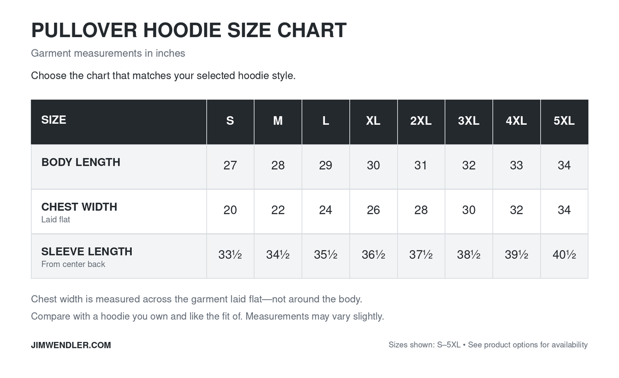 Pullover hoodie size chart showing body length, chest width laid flat and sleeve length from center back in inches, sizes S–5XL.