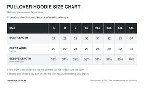 Pullover hoodie size chart showing body length, chest width laid flat and sleeve length from center back in inches, sizes S–5XL.
