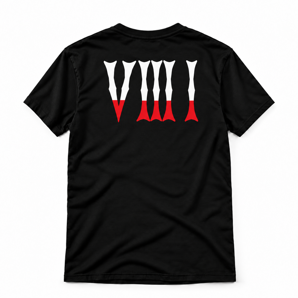 Back of the black 5/3/1 Red-Dipped Roman Shirt featuring large gothic V III I numerals in white with red lower tips.