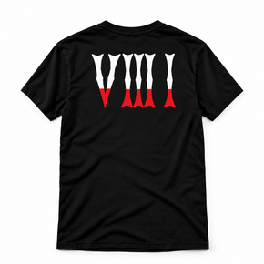 Back of the black 5/3/1 Red-Dipped Roman Shirt featuring large gothic V III I numerals in white with red lower tips.