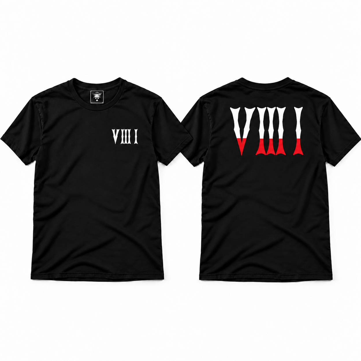 Front and back of the black 5/3/1 Red-Dipped Roman Shirt, with a small white V III I chest print and large white-and-red V III I back design.