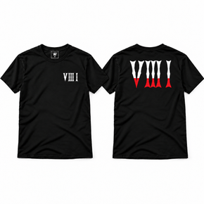 Front and back of the black 5/3/1 Red-Dipped Roman Shirt, with a small white V III I chest print and large white-and-red V III I back design.