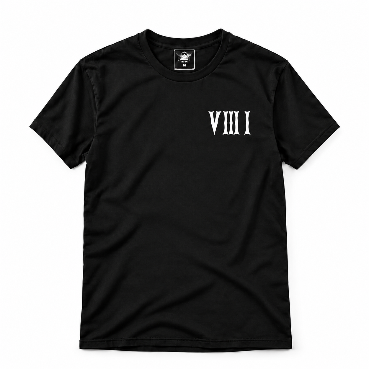 Front of the black 5/3/1 Red-Dipped Roman Shirt with a small white V III I design on the left chest and a printed interior neck label.