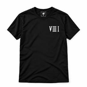 Front of the black 5/3/1 Red-Dipped Roman Shirt with a small white V III I design on the left chest and a printed interior neck label.