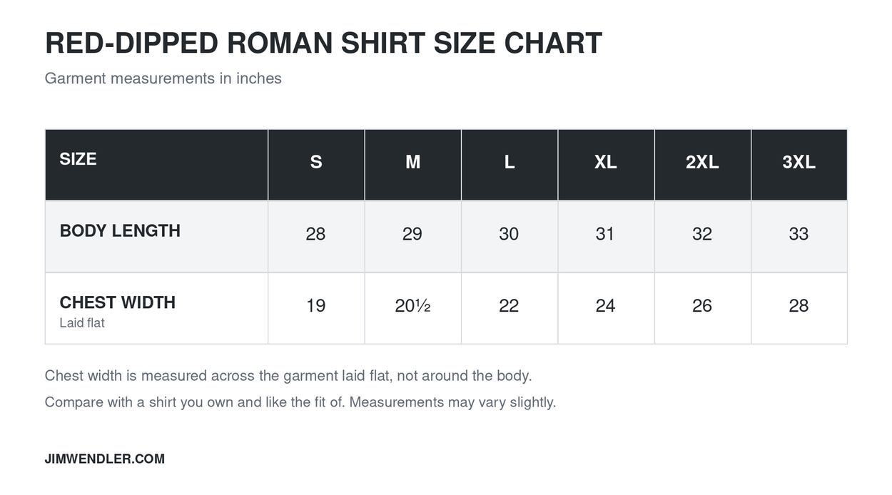 5/3/1 Red-Dipped Roman Shirt size chart showing body length and chest width laid flat in inches for sizes S–3XL.