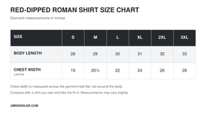 5/3/1 Red-Dipped Roman Shirt size chart showing body length and chest width laid flat in inches for sizes S–3XL.
