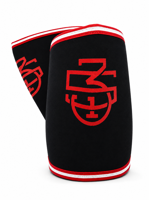 Front view of black and red 5/3/1 Athlete Knee Sleeves arranged as a pair on a white background.