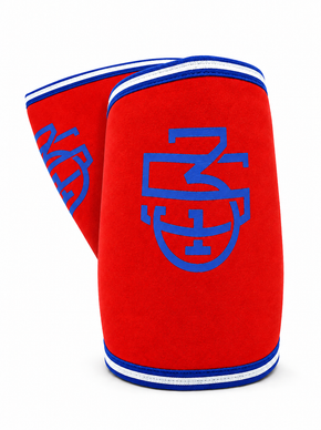 Front view of red and blue 5/3/1 Athlete Knee Sleeves arranged as a pair on a white background.
