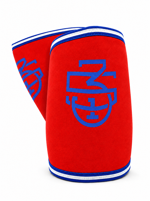 Front view of red and blue 5/3/1 Athlete Knee Sleeves arranged as a pair on a white background.