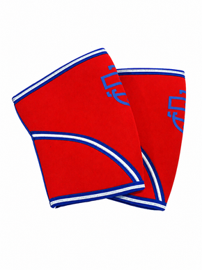 Side view of red and blue 5/3/1 Athlete Knee Sleeves arranged as a pair on a white background.