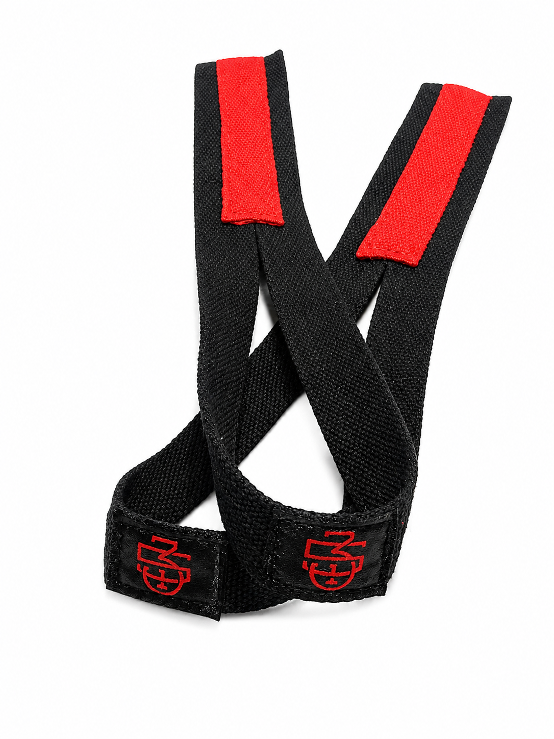 Pair of black 5/3/1 infinity-loop lifting straps with red textured grip strips on a white background.