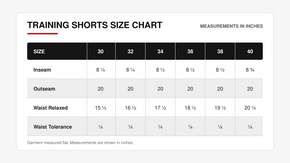 Size chart for 5/3/1 training shorts in sizes 30 through 40