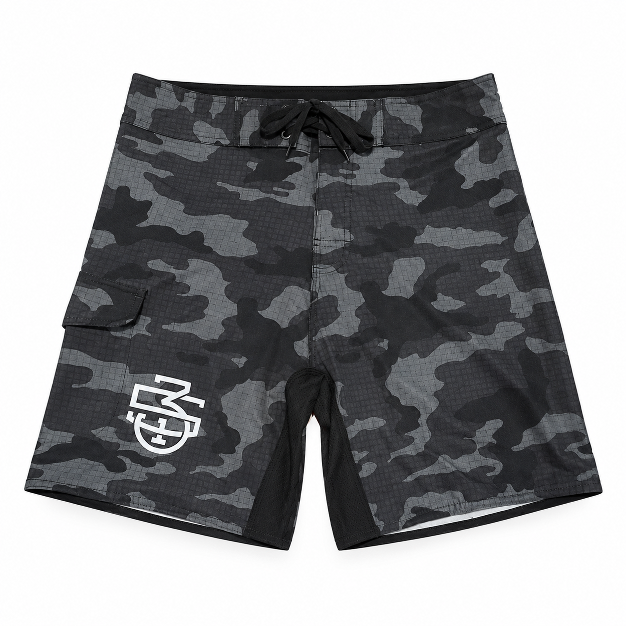 Black and grey camo training shorts with white 5/3/1 monogram