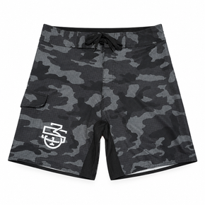 Black and grey camo training shorts with white 5/3/1 monogram