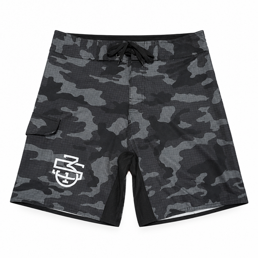 Black and grey camo training shorts with white 5/3/1 monogram