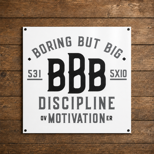White Boring But Big aluminum wall sign featuring “Discipline Over Motivation” on a wood background.