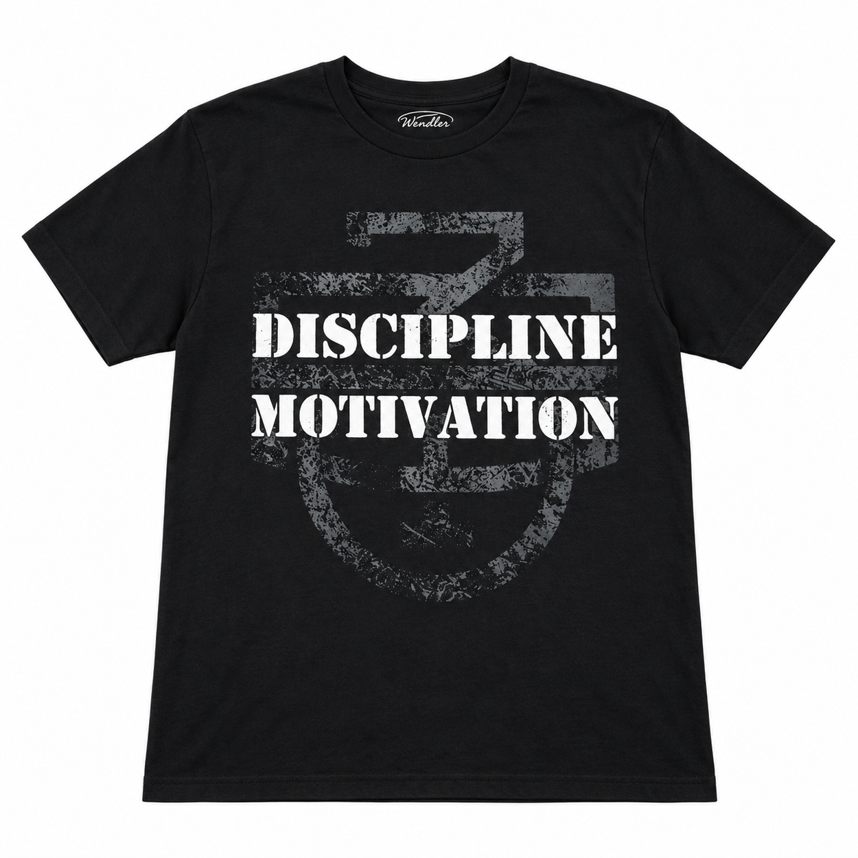 Black D/M Monogram Shirt with large distressed Discipline Over Motivation front graphic
