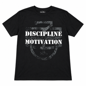 Black D/M Monogram Shirt with large distressed Discipline Over Motivation front graphic
