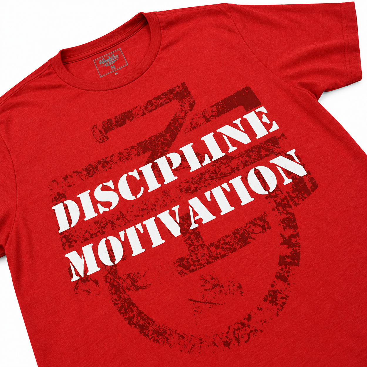 Close-up of distressed Discipline Over Motivation graphic on red D/M Monogram Shirt