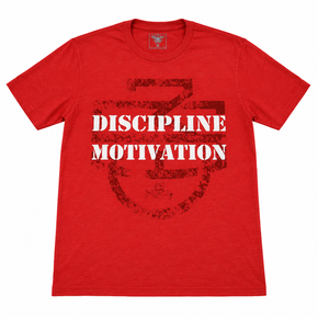 Red D/M Monogram Shirt with large distressed Discipline Over Motivation front graphic
