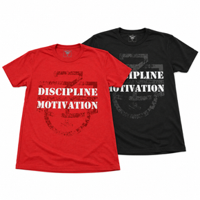 Red and black D/M Monogram Shirts with distressed Discipline Over Motivation graphics