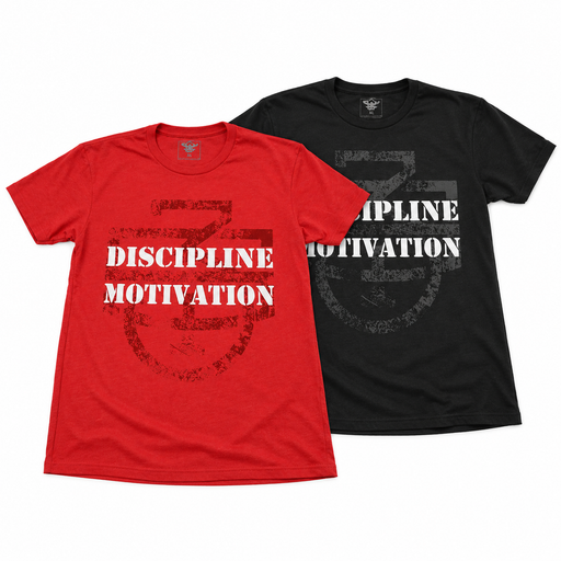 Red and black D/M Monogram Shirts with distressed Discipline Over Motivation graphics