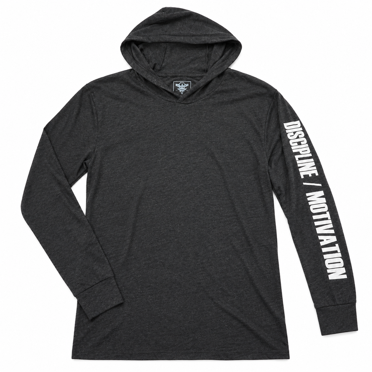 Heathered black Discipline hooded long sleeve shirt with white Discipline Over Motivation sleeve print