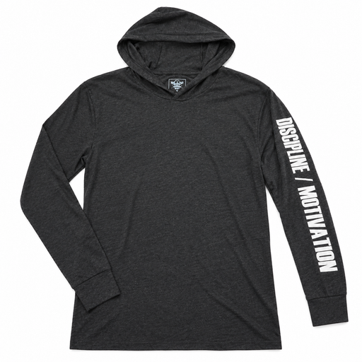 Heathered black Discipline hooded long sleeve shirt with white Discipline Over Motivation sleeve print