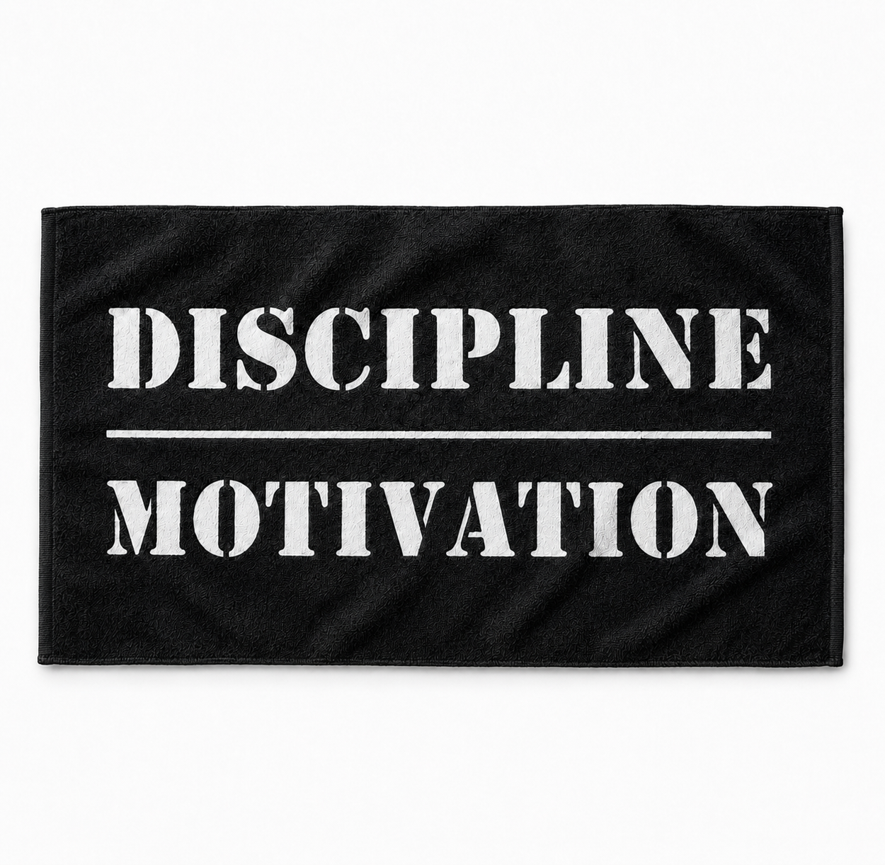 Black 15″ × 25″ gym towel with white Discipline Over Motivation lettering and soft microfiber terry texture.