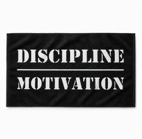 Black 15″ × 25″ gym towel with white Discipline Over Motivation lettering and soft microfiber terry texture.