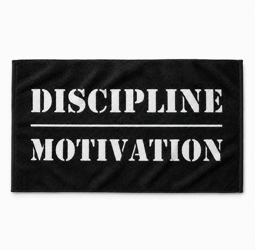 Black 15″ × 25″ gym towel with white Discipline Over Motivation lettering and soft microfiber terry texture.