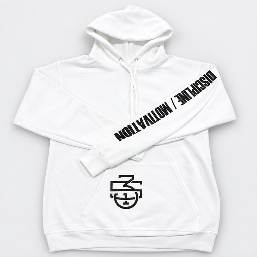 A white pullover hoodie with a black diagonal text graphic reading 'DISCIPLINE / MOTIVATION' across the right sleeve and a black circular logo on the front pocket, shown on a light gray background.