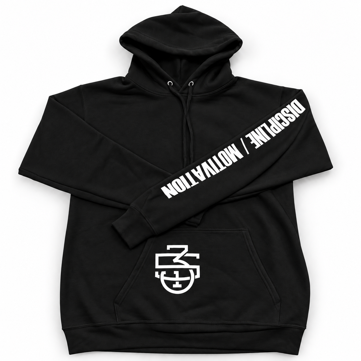 A black pullover hoodie with white graphic text on the sleeve reading 'DISCIPLINE / MOTIVATION' and a white circular logo on the front pocket, shown on a plain white background.