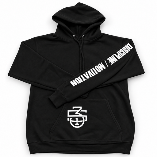 A black pullover hoodie with white graphic text on the sleeve reading 'DISCIPLINE / MOTIVATION' and a white circular logo on the front pocket, shown on a plain white background.