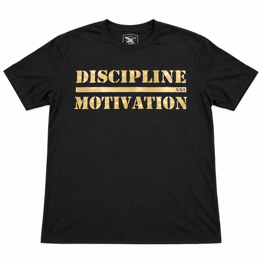 Black Discipline Over Motivation shirt with reflective metallic-gold front design